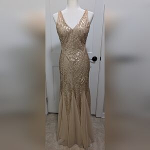 Vintage Cache gold sequin sheer lined mermaid maxi dress fit and flare size 2